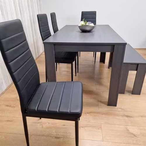 KOSY KOALA Modern Dining Set with Grey Wood Effect Table, 4 Black Chairs and Bench, W/D/H: 140 x 80 x 75 cm – 4