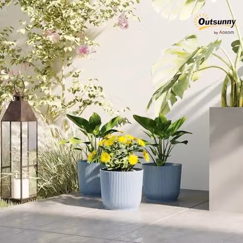 Outsunny Set of 3 Blue Plastic Round Plant Pots and Planters for Indoor or Outdoor Garden Use, Diameter: 22 cm – 2