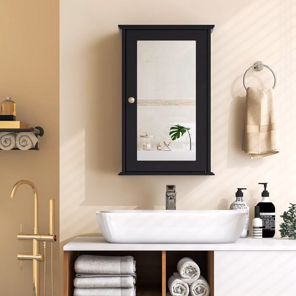 Gymax Black Lacquered Wall Mounted Medicine Cabinet with Mirror and Internal Shelves – 8