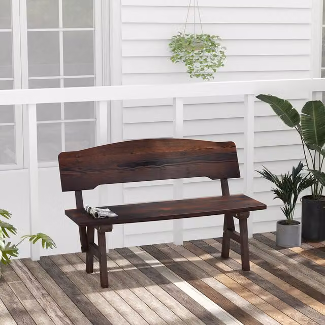 COSTWAY Brown Rustic Wood Outdoor Patio Bench with Inclined Backrest