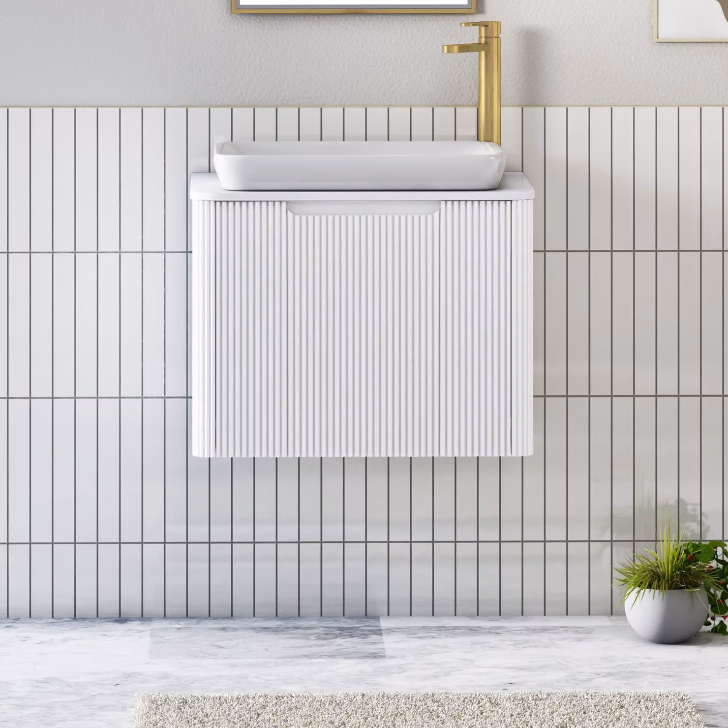 Royal Bathrooms Avenza Matt White Wall Hung Vanity Unit with Qubix Basin and 1 Drawer, Width: 60 cm