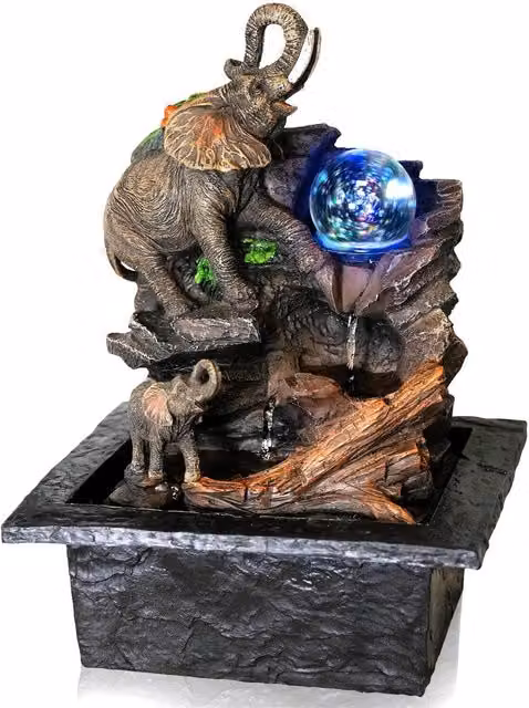 GEEZY Tabletop Indoor Water Feature with LED Lights and Grey Glass Ball Elephant Design
