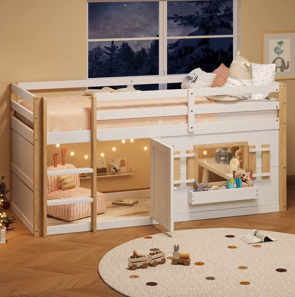 STILVORA White Single Loft Bed with Play Area, W/D/H: 190 x 90 x 120 cm – 3