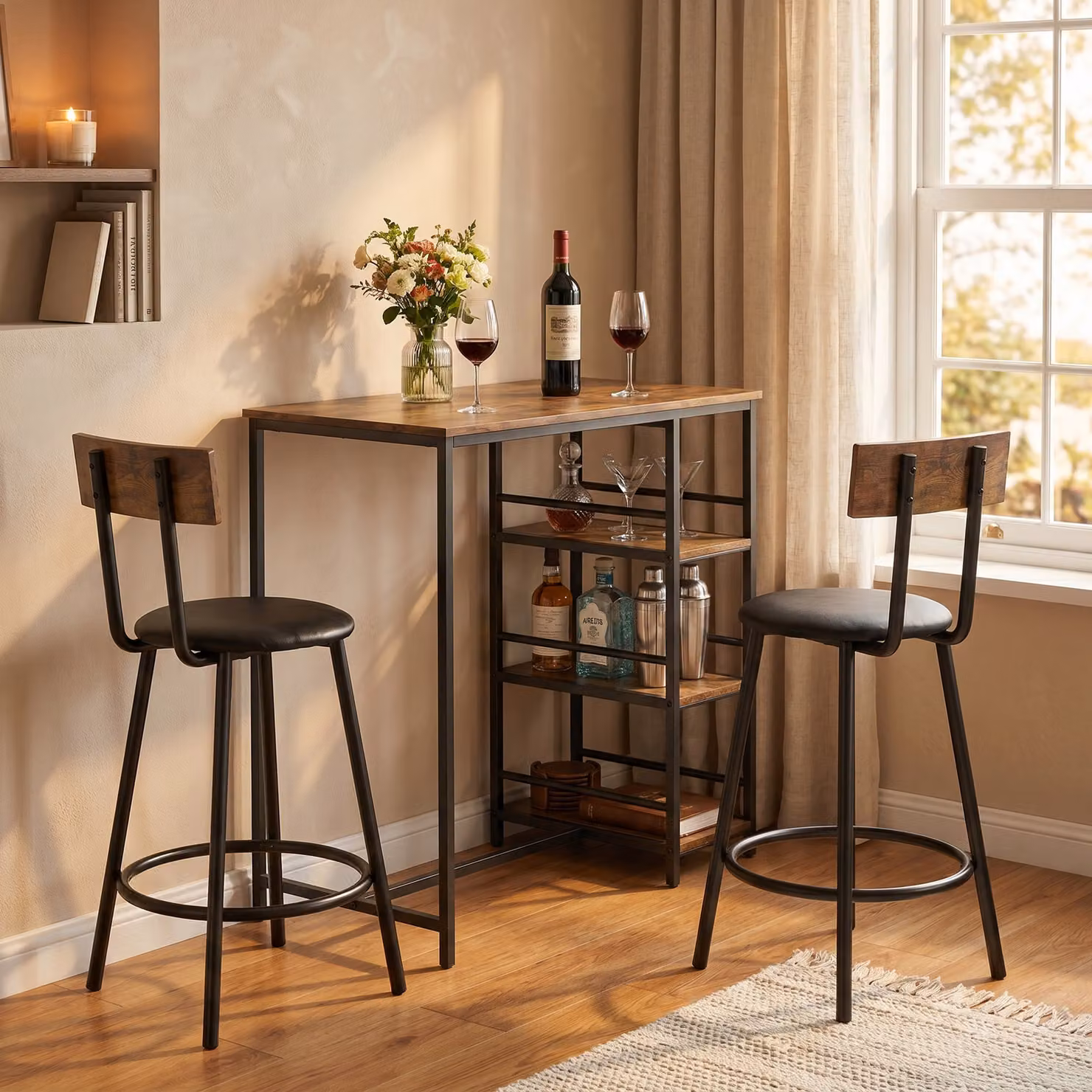 HOMCOM 3 Piece Breakfast Bar Table Set with Storage Shelves and PU Leather Stools in Rustic Brown – 6