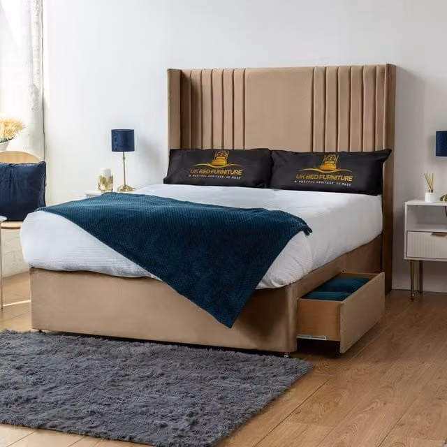 UK Bed Furniture Skyline Wingback Divan Bed with 2 Drawers and Foot End Headboard in Beige, Small Double, W/D/H: 120 x 200 cm