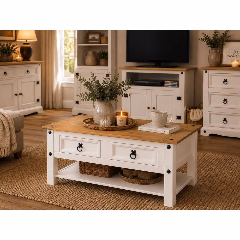 Hinsinc White Mexican Pine 2 Drawer Coffee Table – 3