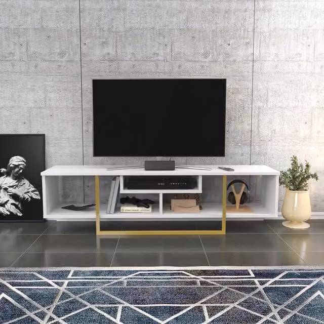 Asal Minimalist Glossy TV Unit in White and Gold, Width: 120 cm