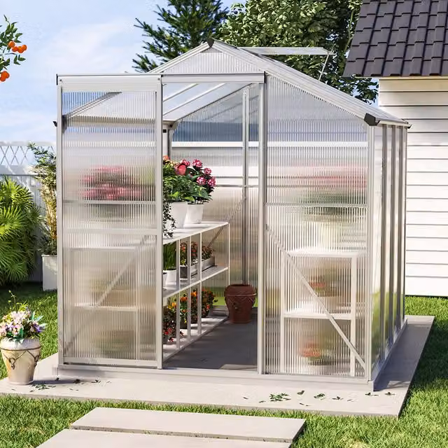 Livingandhome White Aluminium and Polycarbonate Freestanding Garden Greenhouse with Gable Roof, W/H: 253.5 x 190 cm