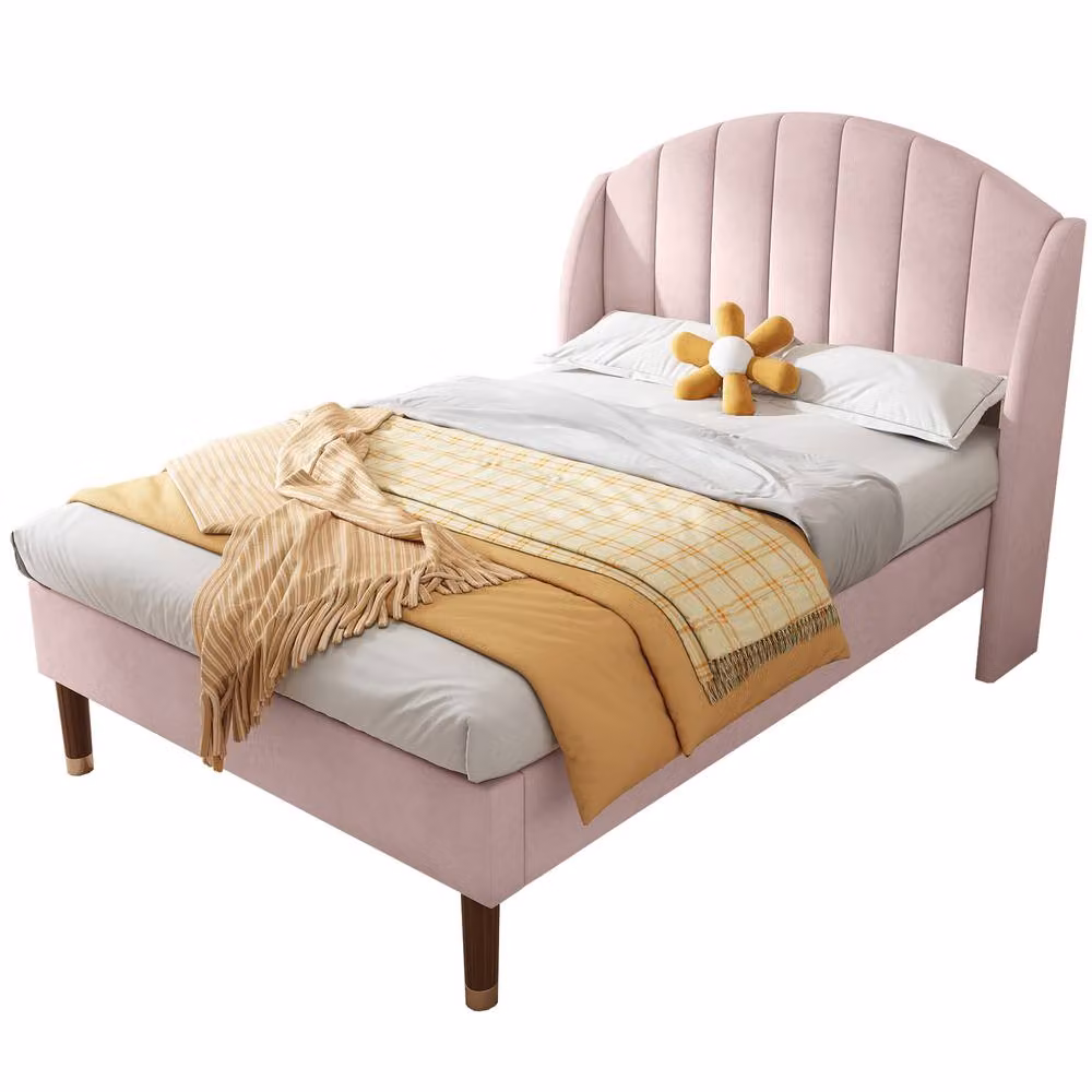 Merax Single Wingback Velvet Upholstered Bed in Pink, W/D/H: 90 x 190 cm – 3