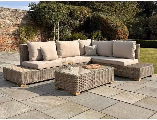 Lemon Pavilion Furniture and Decor Capri Collection Outdoor L-Shape Corner and Coffee Table Set in Beige