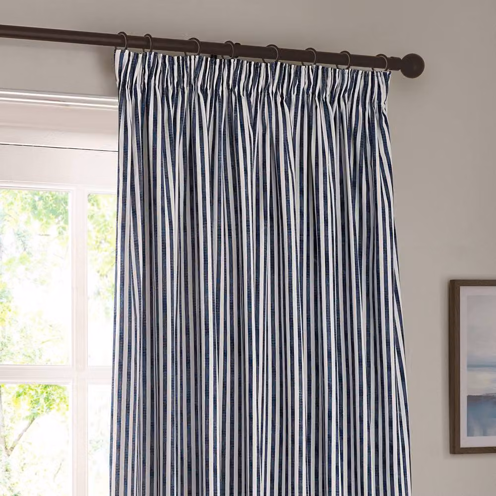Yard Hebden Navy Blue Striped 100% Cotton Blackout Pencil Pleat Curtain Pair, Width: 168 cm, Drop: 137 cm – 3