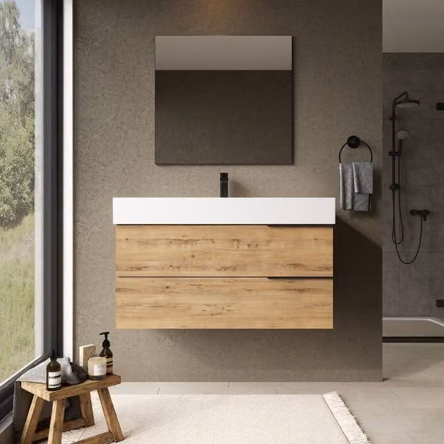 Banyetti Celtic Wall Hung Bathroom Vanity Unit with Veneto 1 Tap Hole Basin, Ostippo Oak in Light Oak, W: 100 cm, D: 45 cm, H: 48 cm – 1