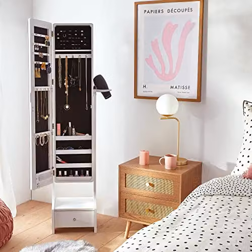 BTFY White Freestanding Mirror Jewellery Cabinet with LED Lighting and Storage Drawers, H 158 x W 47 x D 33 cm – 2