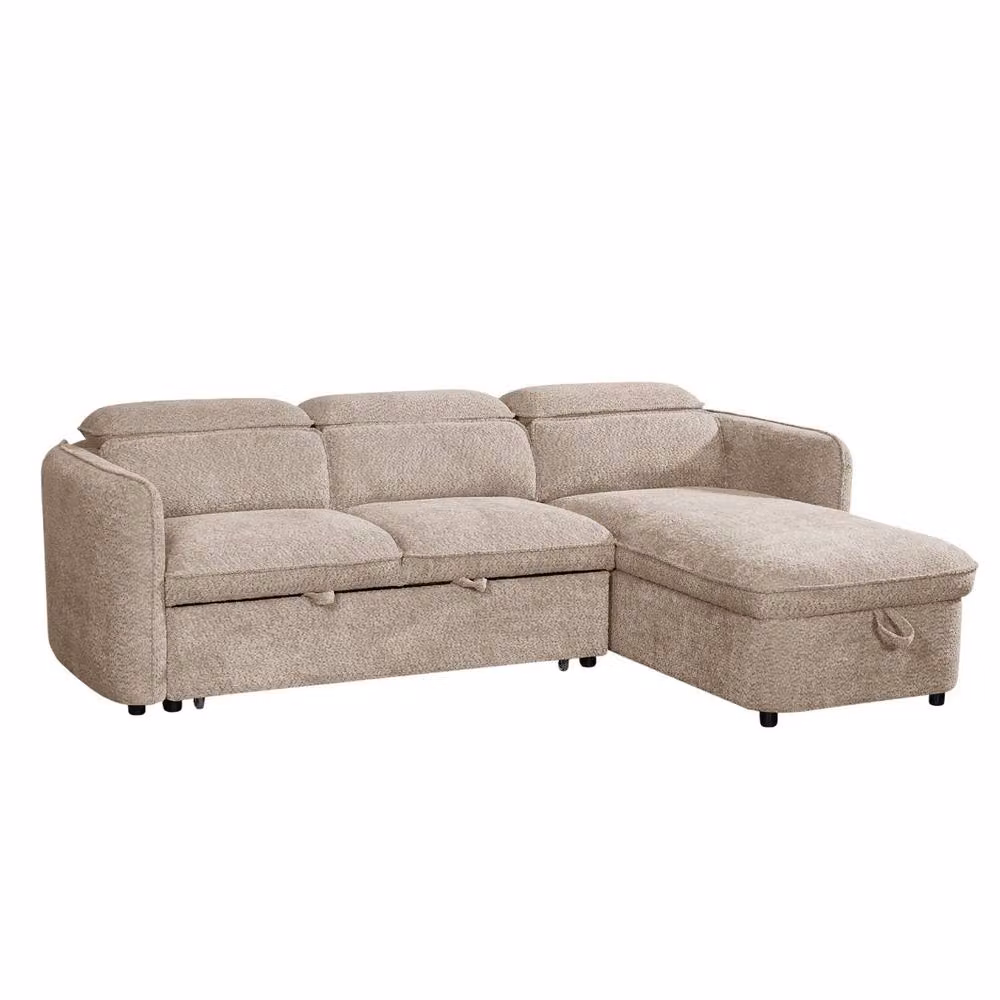 Furnishings For Less UK Ria L Shaped 4 Seater Fabric Corner Sofa Bed in Beige with Adjustable Headrests and Pull Out Frame – 2