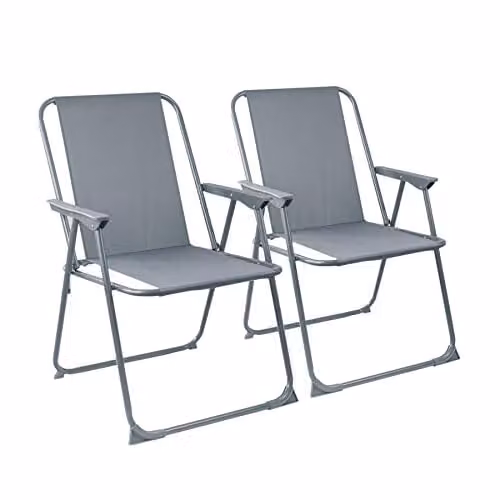 Harbour Housewares Pack of 2 Striped Grey Folding Metal Beach Chairs with Armrests