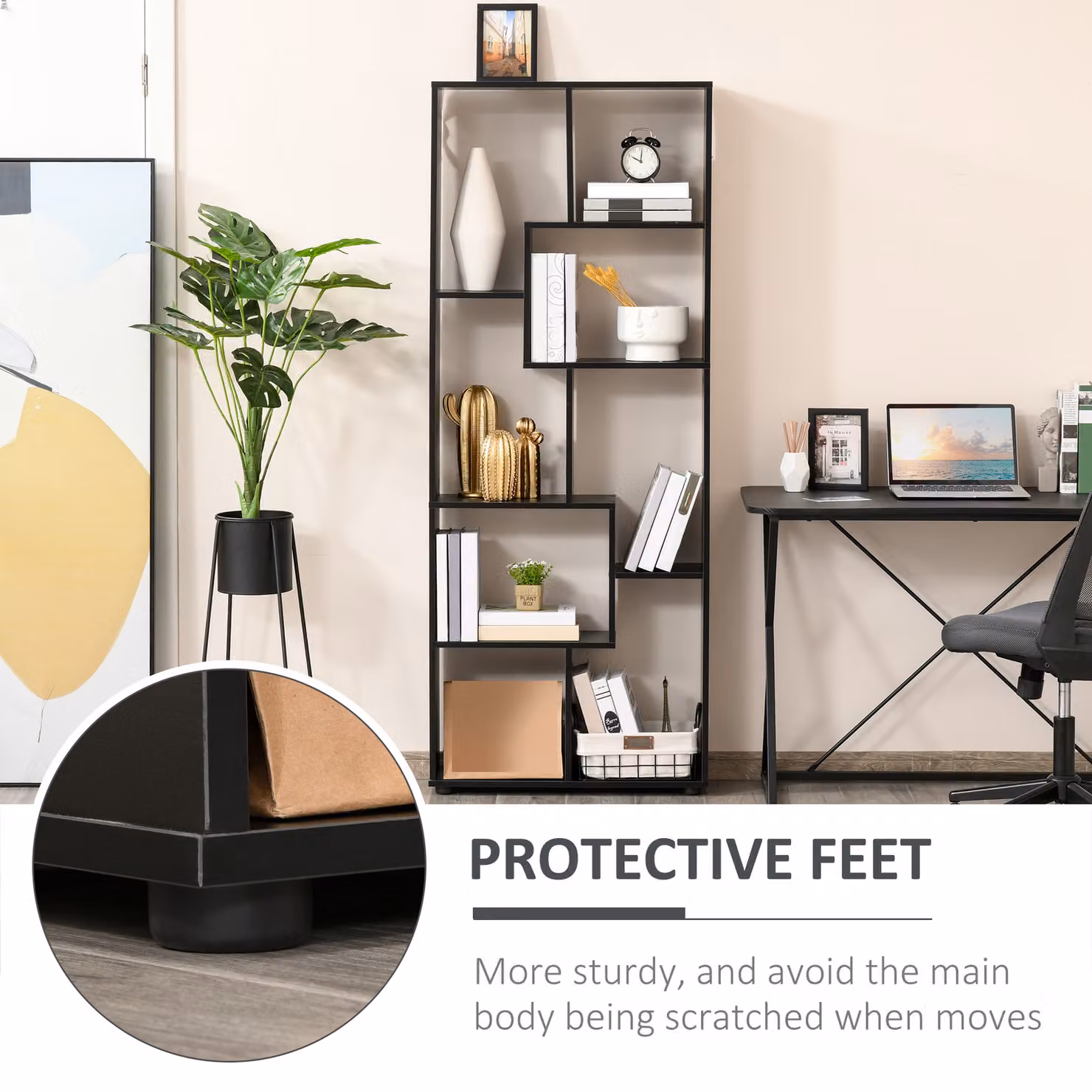 HOMCOM 8-Tier Freestanding Black Melamine Bookshelf and Modern Cube Display Unit – 7