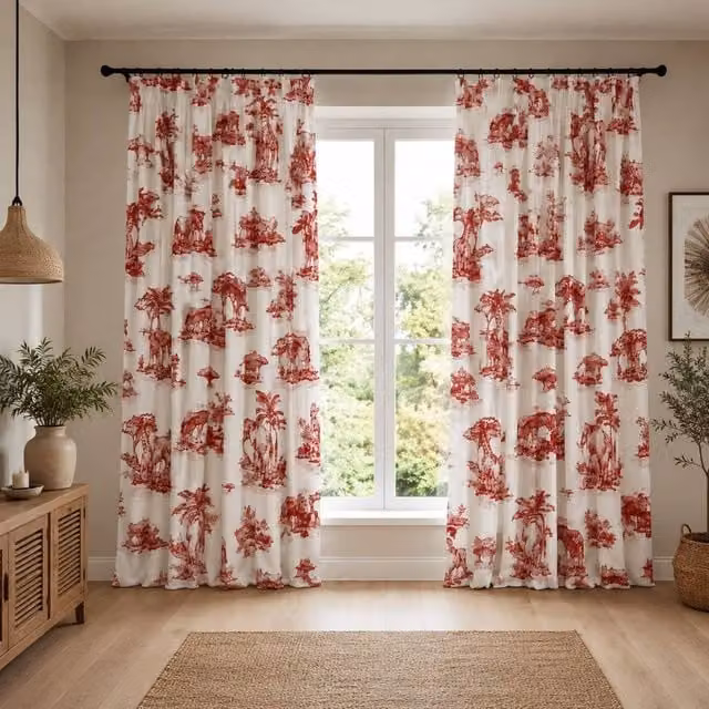 Smart Living Safari Toile Curtains Pair with Tie Backs in Red African Wildlife Print, W: 167 cm, H: 183 cm