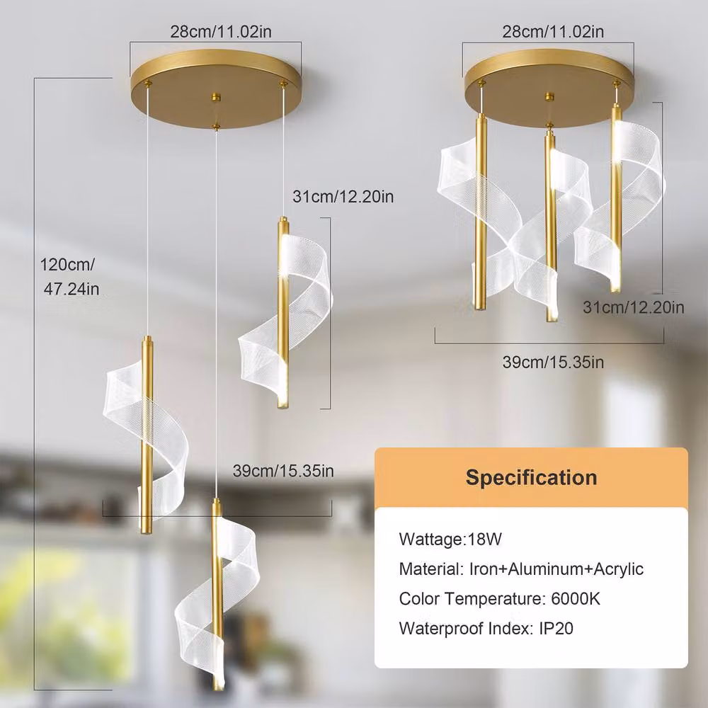 NIVOR 3-Lamp LED Gold Cluster Adjustable Hanging Pendant Light with Acrylic and Metal Finish, Cool White 6000k – 2