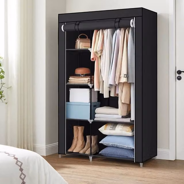 The Bazaarist Black Fabric Wardrobe with Internal Shelves and Hanging Rail