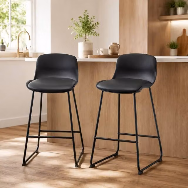 STILVORA Set of 2 Modern Bar Stools with Black Synthetic Leather Seats and Metal Frames