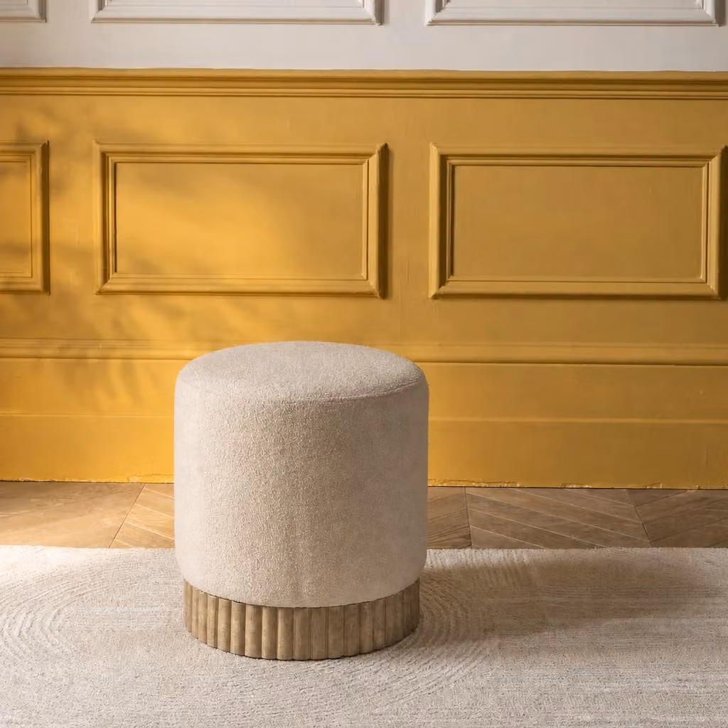 Atkin and Thyme Holborn Cylindrical Footstool in Beige Bouclé