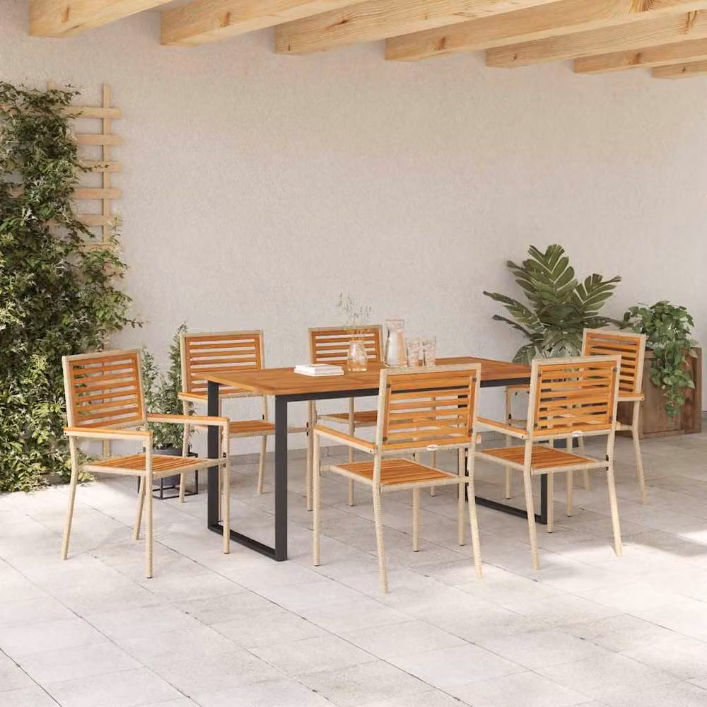 Berkfield Home 7 Piece Beige Acacia Wood Garden Dining Set – 3