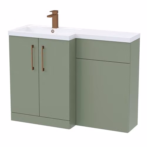 Balterley Green L-Shaped Corner Vanity Unit with L-Shaped Basin, WC Unit and Brushed Bronze D-Shape Handles – 1
