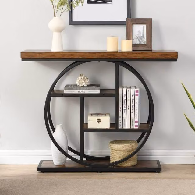 Mona Vale Furniture 4-Tier Brown Wood and Metal Minimalist Hallway Console Table with Circle Frame – 1