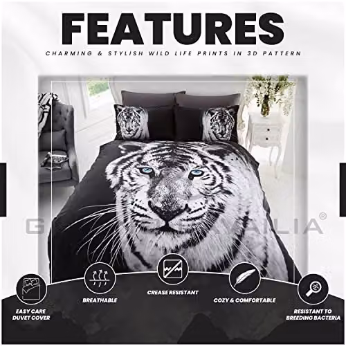 Gaveno Cavailia 3D Wildlife White Tiger Bed Set with Duvet Cover and Pillowcase, Multicolour, W: 180 cm x L: 200 cm – 3