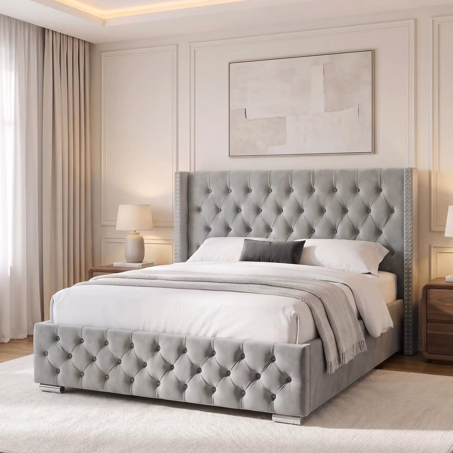 DHS Cross Pattern Velvet Ottoman Storage Bed with Winged Headboard in Light Grey, W/D/H: 180 x 200 cm