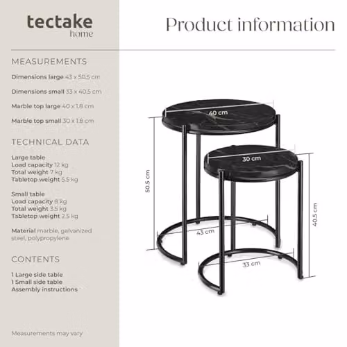 tectake Set of 2 Round Nesting Coffee Tables in Black Marble Look with Height-Adjustable Metal Frames – 3