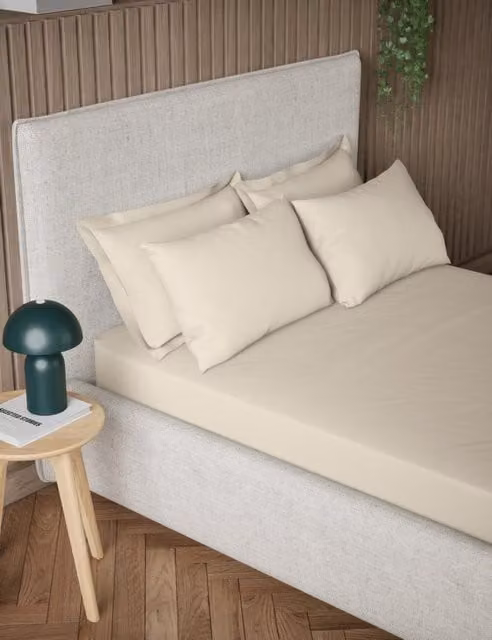 M&S Pure Cotton 300 Thread Count Deep Fitted Sheet, Beige, 90 x 190 cm