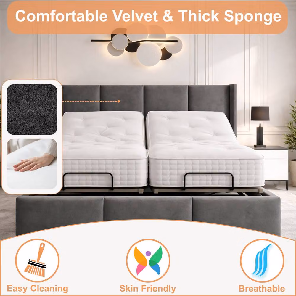 Paradise Beds Ltd York Electric Adjustable Bed with Headboard and Foam Mattress in Silver Grey Velvet, W/D/H: 90 x 200 cm – 4