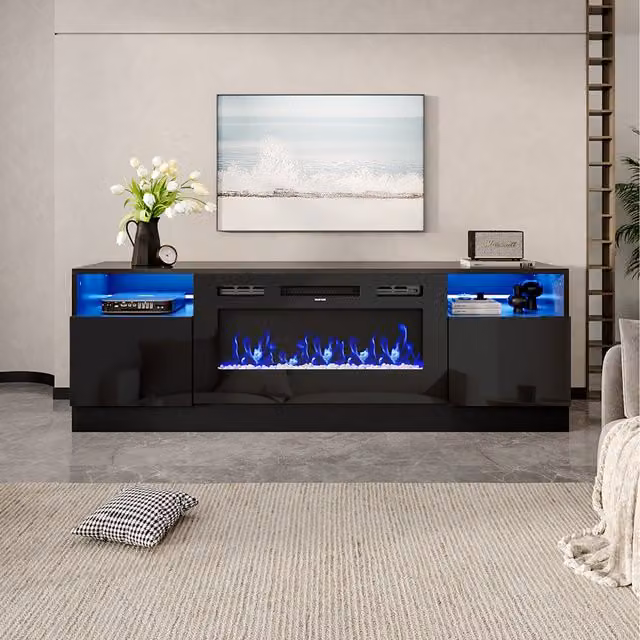 Livingandhome Modern Recessed Electric Fireplace with TV Cabinet and Crystal Stone Fuel in Black