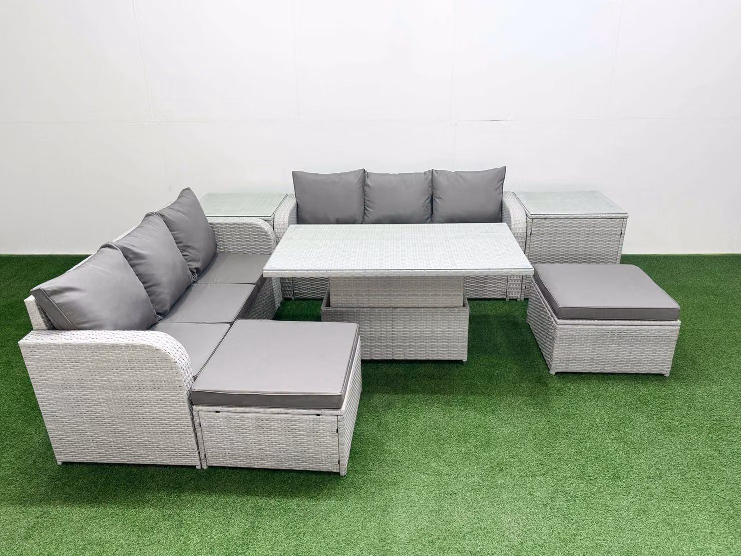 Fimous 8 Seater Grey Wicker Rattan Garden Furniture Set with Adjustable Lifting Dining or Coffee Table and High Back Lounge Sofas – 2