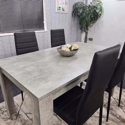 KOSY KOALA Modern 6 Seater Dining Table and 4 Black Faux Leather Chairs Set, Light Grey Rectangular Table, W/D/H: 117 x 77 x 75 cm – 4