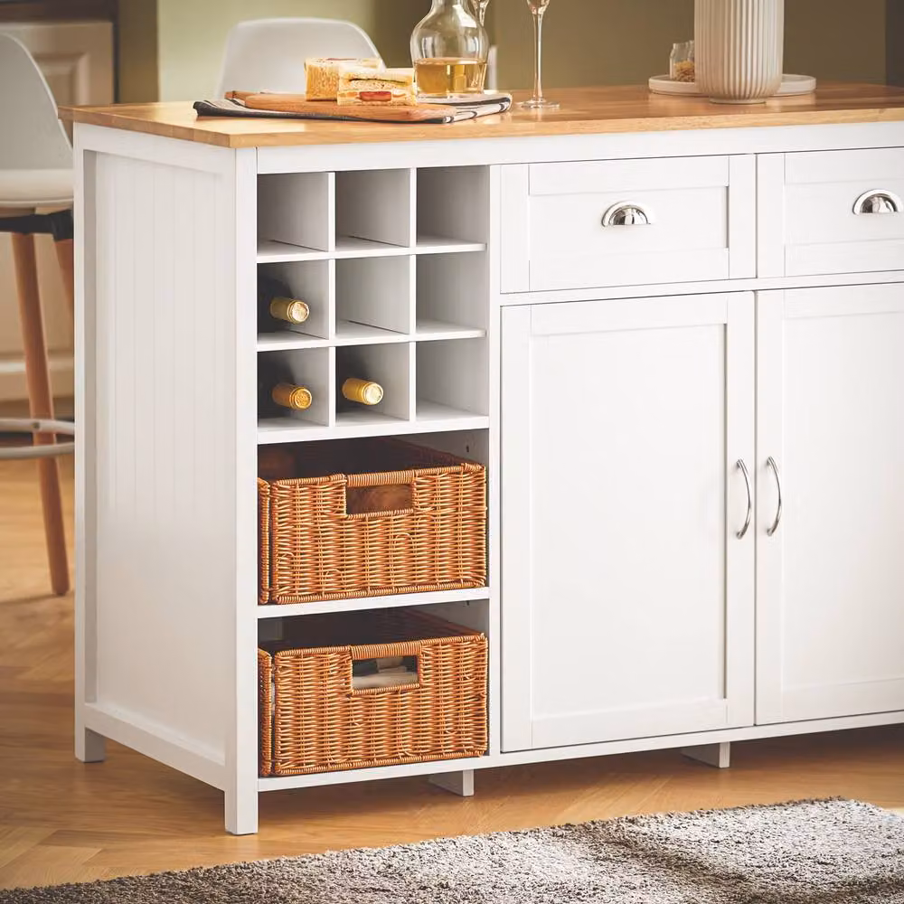 SoBuy Modern Kitchen Island with Natural Wood Top and White Rattan Baskets – 3
