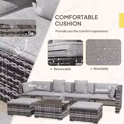 Outsunny 7 Piece Grey Rattan Garden Furniture Set with Upholstered Cushions, Ottoman and Coffee Table – 5