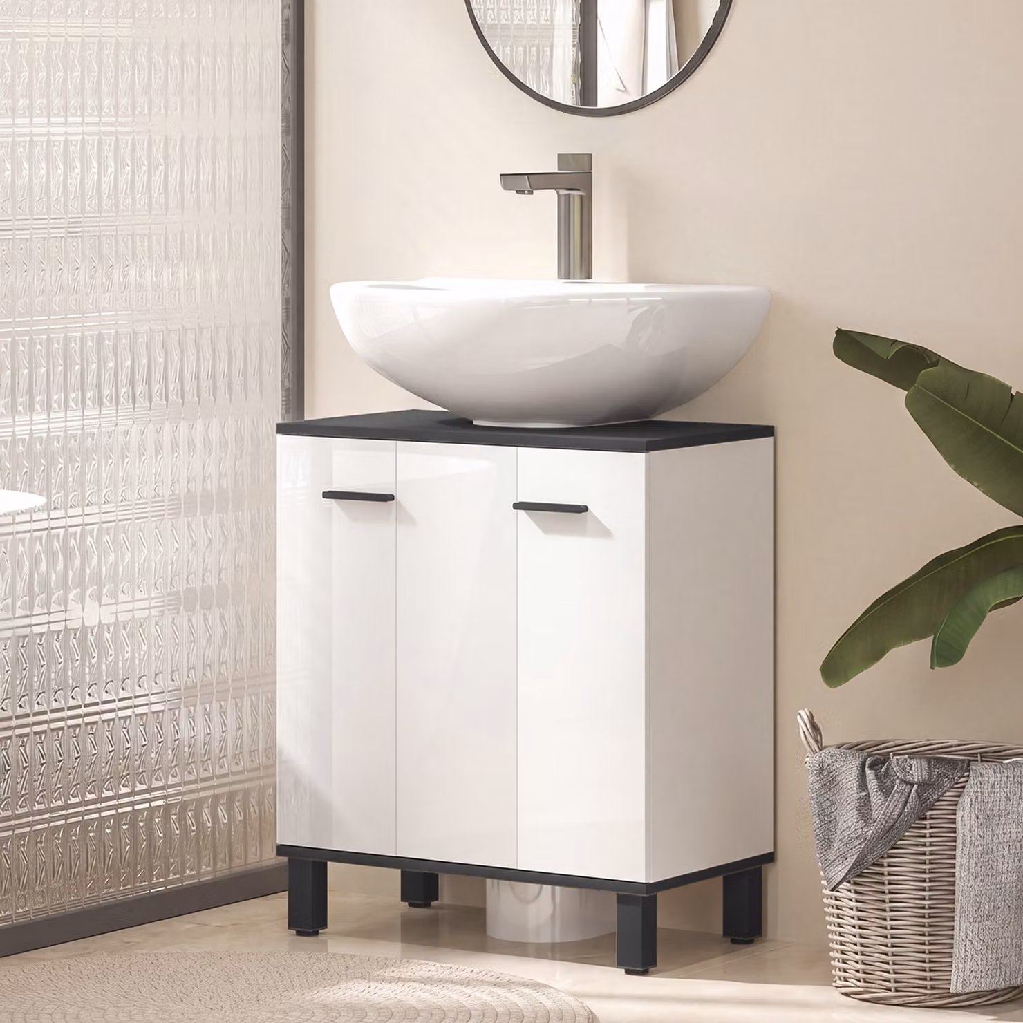 HOMCOM Modern White Under Sink Bathroom Cabinet with Adjustable Internal Shelves and Hinged Doors, W/D/H: 60 x 34 x 70 cm – 2