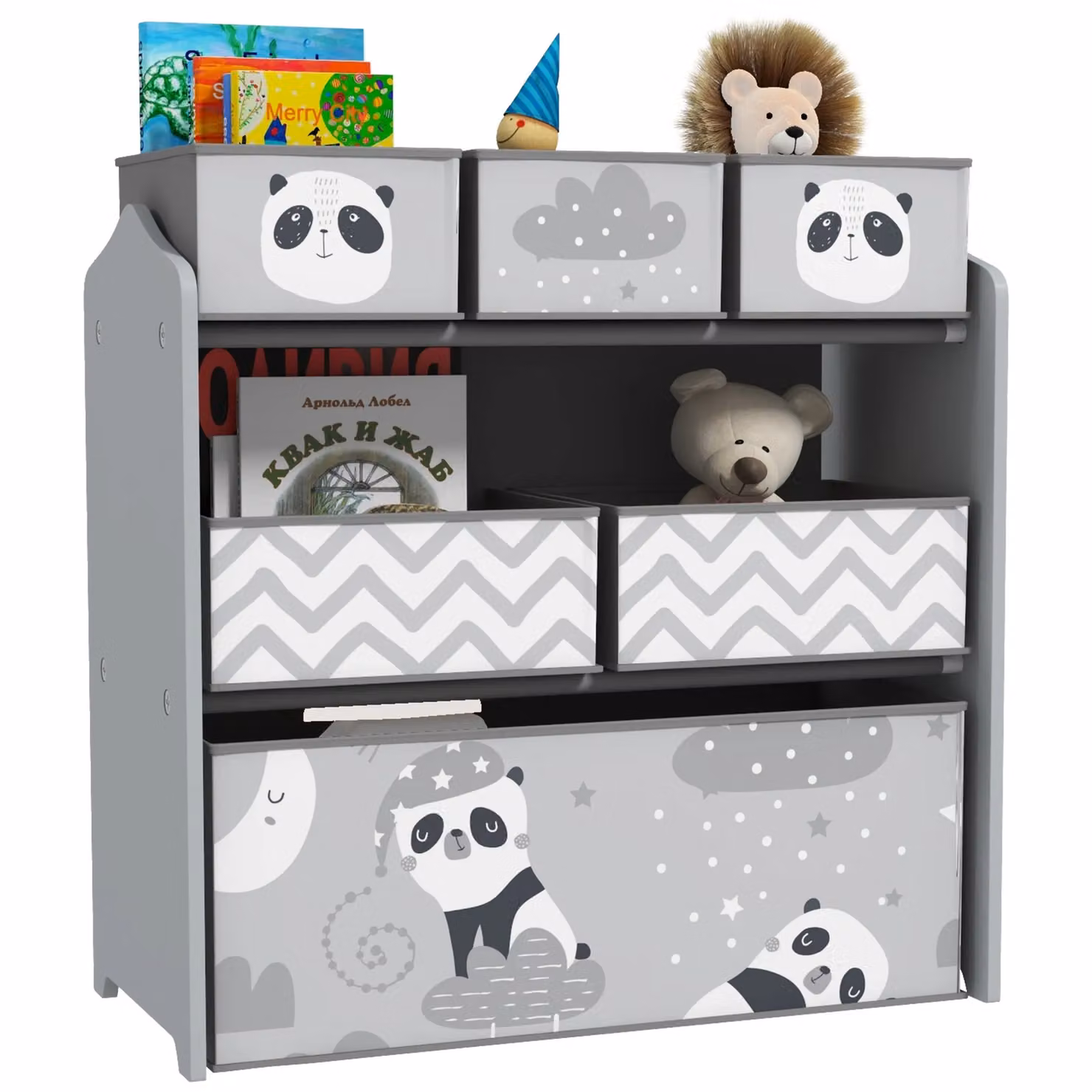 ZONEKIZ Kids Toy Storage Organiser with 6 Grey Fabric Bins – 2