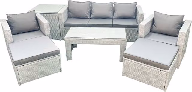 Fimous 7 Seater Rattan Garden Furniture Set in Light Grey with 2 Seater Sofa, 2 Armchairs, Coffee Table and 2 Ottomans
