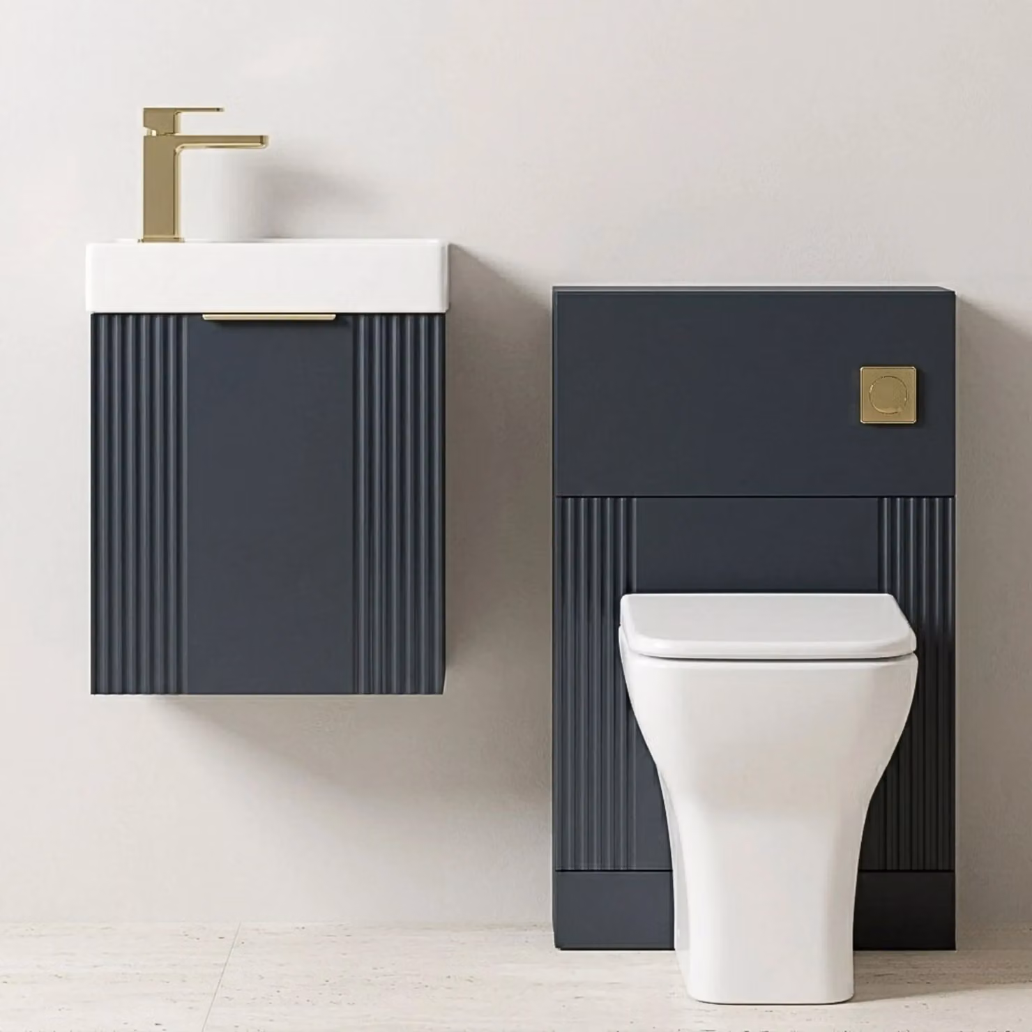 Balterley Modern Wall Mounted Grey Cloakroom Vanity Unit with Anthracite Brass Tap Set and Ceramic Toilet – 4
