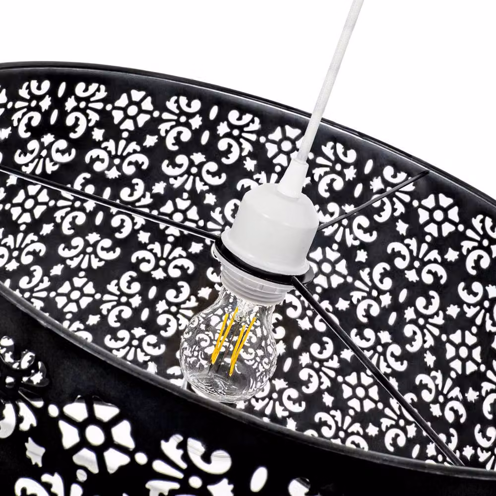 Happy Homewares Moroccan Designed Black Metal Round Pendant Shade with Floral Decor, Diameter: 40 cm – 3