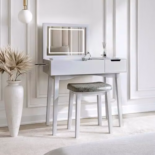 CARME Selena Grey Dressing Table with Flip Top LED Light Mirror, Side Drawer, Stool and USB Charger, W/D/H: 115 x 40 x 40 cm