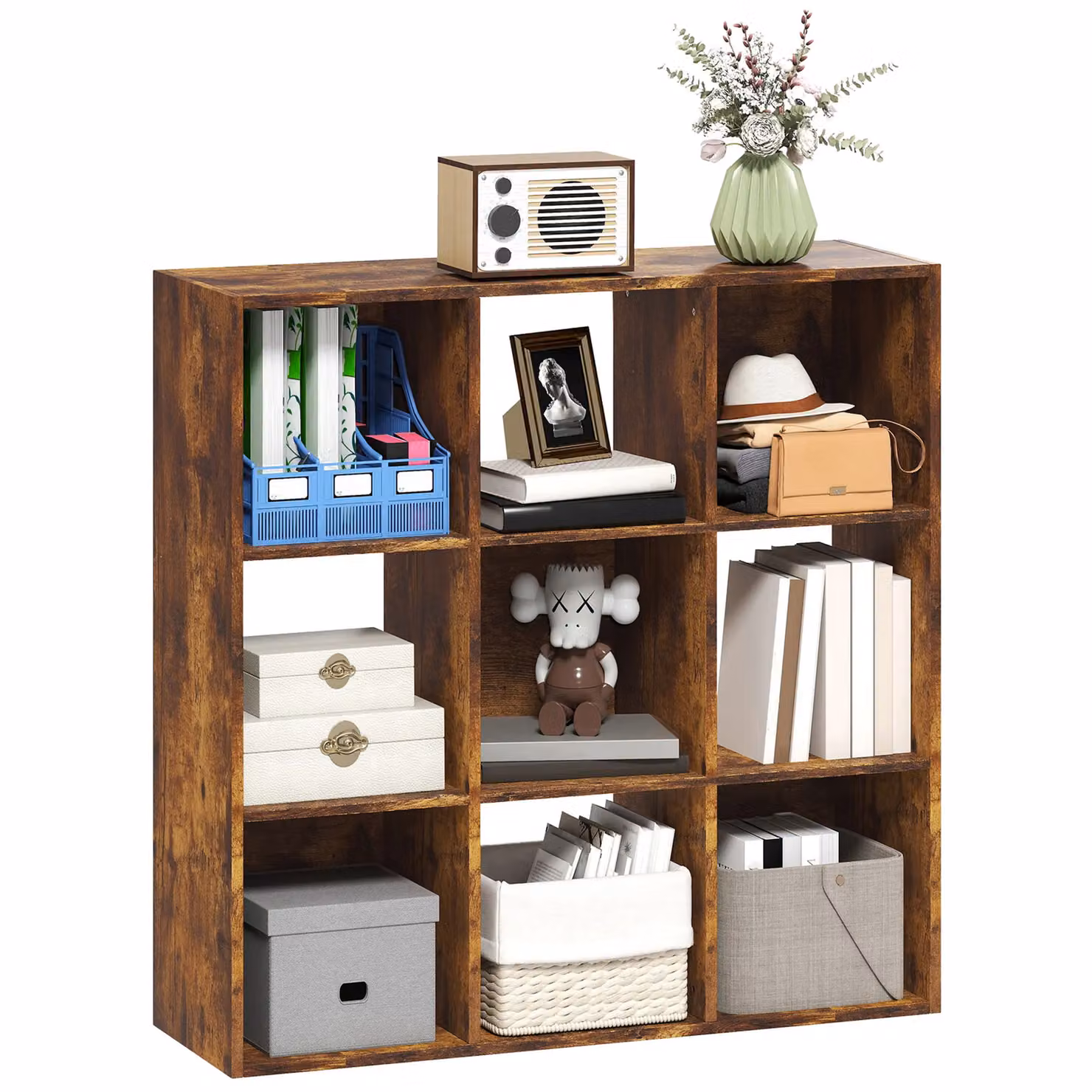 HOMCOM 3-tier Storage Cupboard Bookcase with 9 Cubes in Rustic Brown – 2