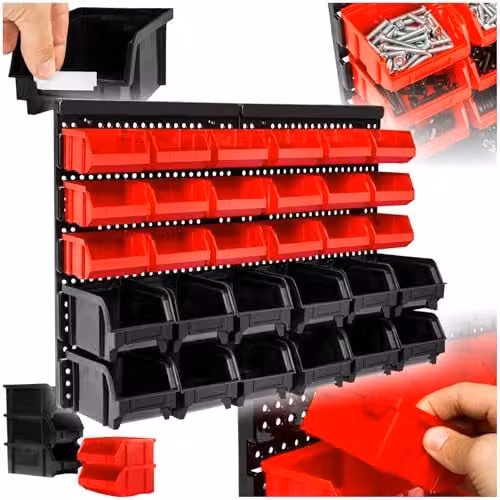 tectake 31 Piece Wall-Mounted Storage Organiser with Pegboard and 30 Stackable Plastic Bins in Black and Red – 1