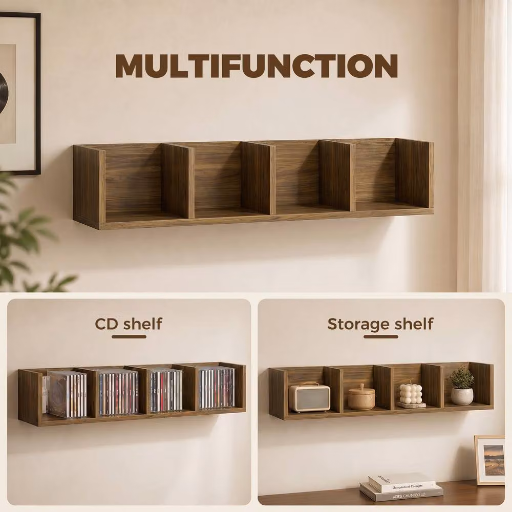STILVORA Wall-Mounted CD Shelf with 4 Compartments in Brown – 7
