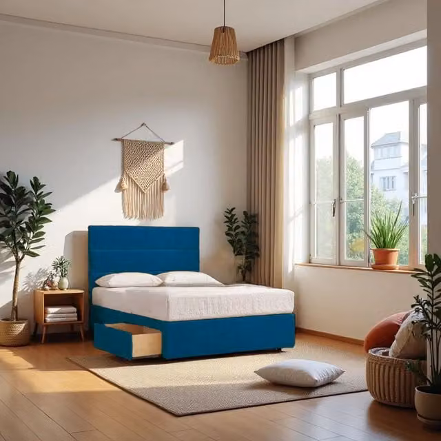 Knight Sleep York Plush Single Bed with Hybrid Mattress, 2 Drawers and 54 inch Floor Standing Headboard in Navy Blue Velvet
