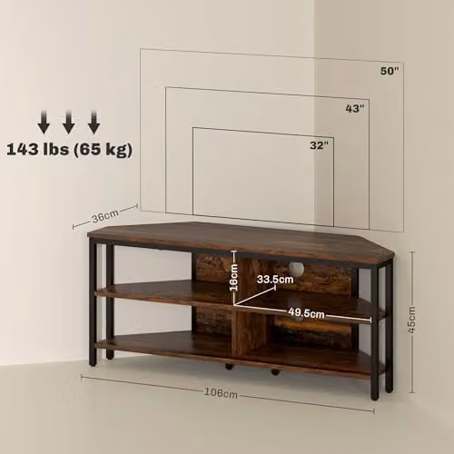 HOMCOM Industrial TV Stand Cabinet with Storage Shelves in Brown and Black – 6