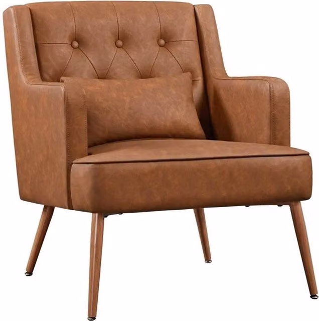 KORVIXA Brown Retro Tub Accent Chair with Armrests in Synthetic Leather and Bouclé, W/D/H: 64 x 72 x 79.5 cm – 1